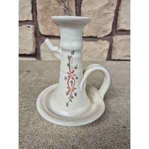 Signed Studio Pottery‎ Chamberstick Candle Holder Hand Painted Floral Stoneware